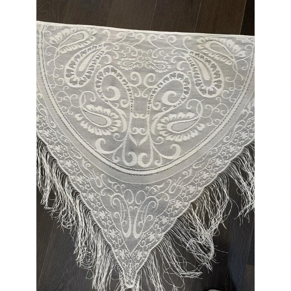 Vintage White Lace Fringe Boho Scarf 72x43” Shawl Bridal Festival Stevie Nicks